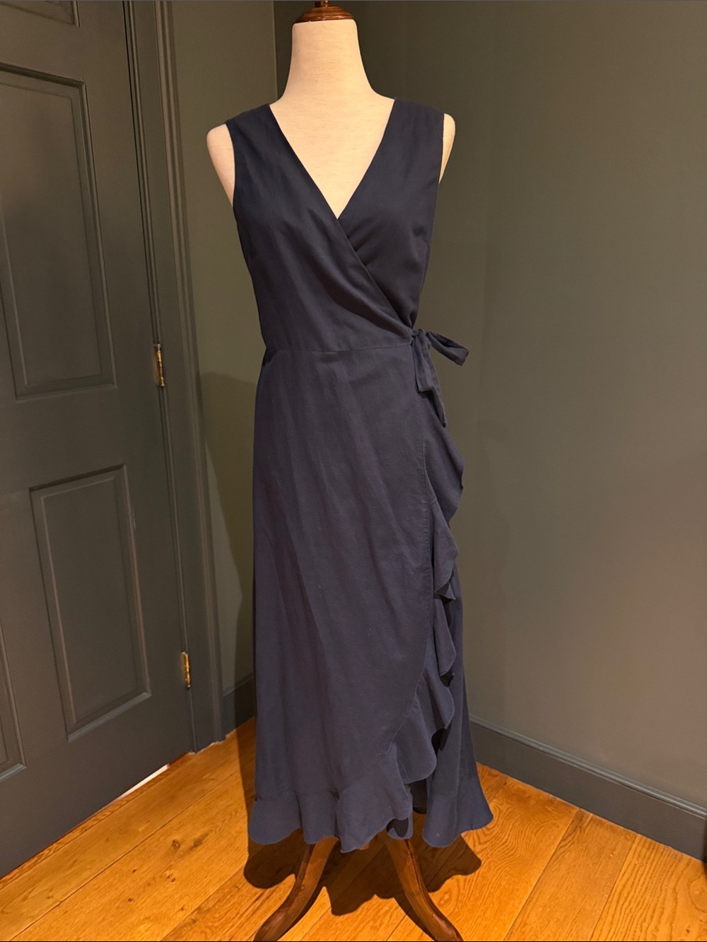 J McLaughlin Cerise Sleeveless Navy Wrap Midi Dress with Tie Waist